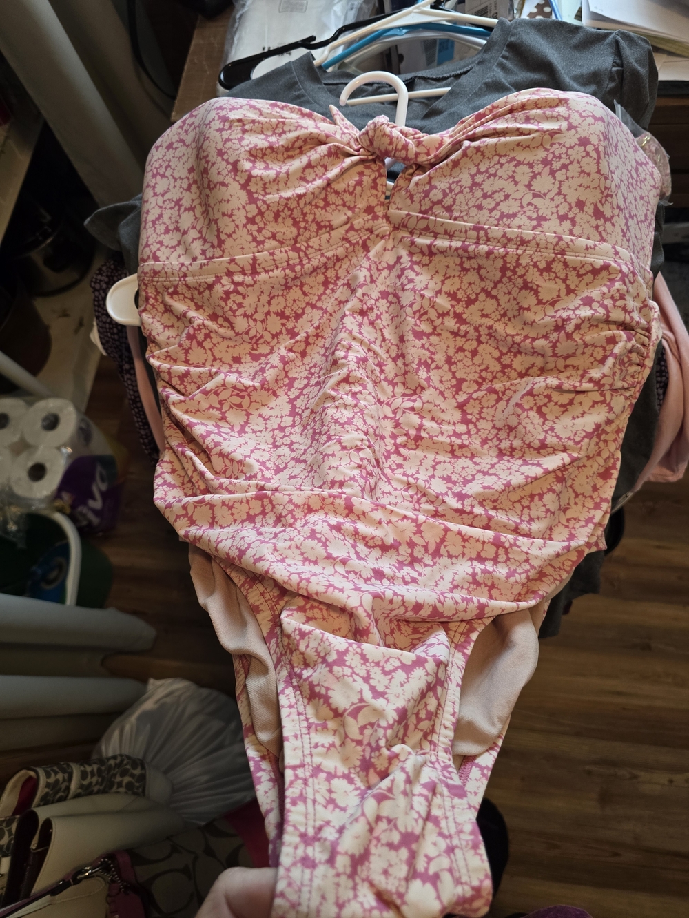 Women's Pink Floral Ruched Bathing Suit